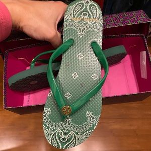 Tory Burch Thin Bandana-Print Flip Flops